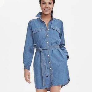 Banana Republic Long Sleeve Cotton & Linen Denim Shirt Dress Belt Pockets Sz S